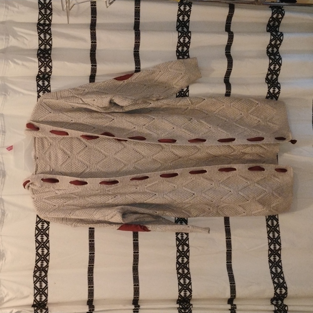 Beige Hooded Cardigan with Red Accents